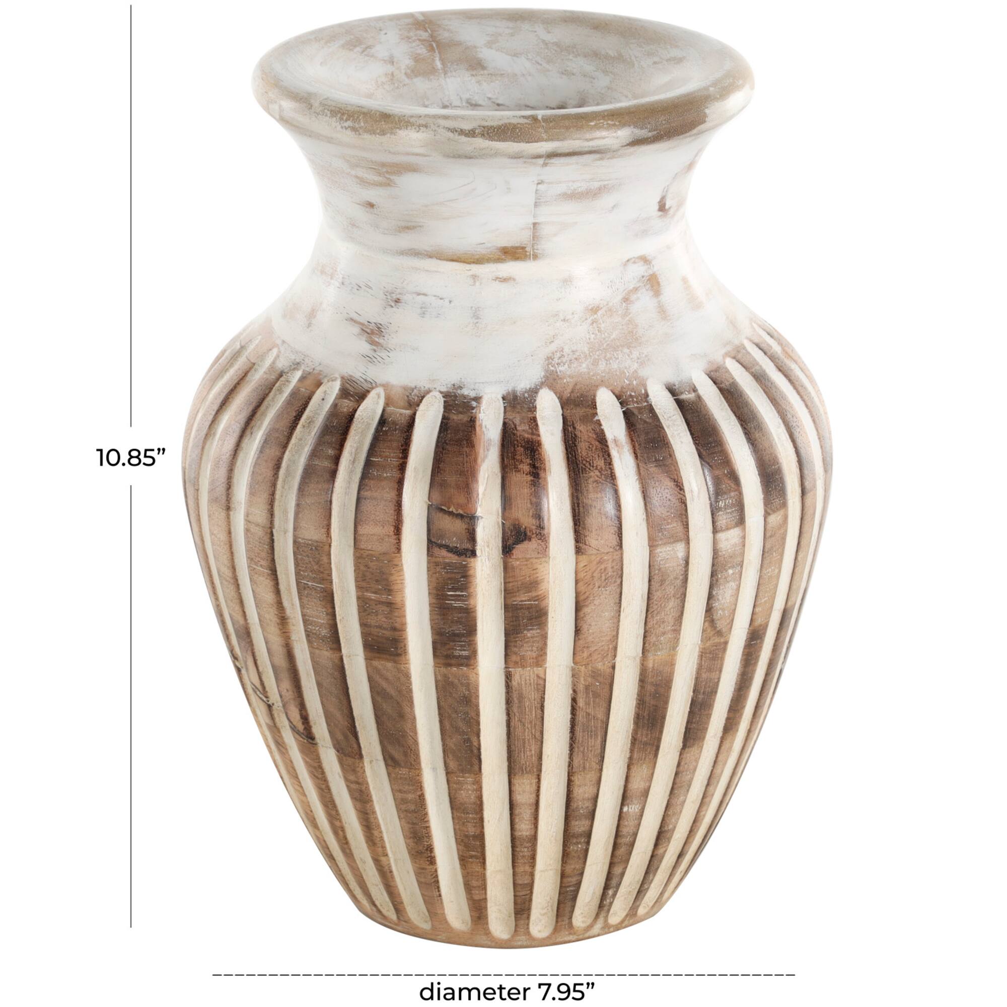 11" Brown Mango Wood Vase with Carved Grooves